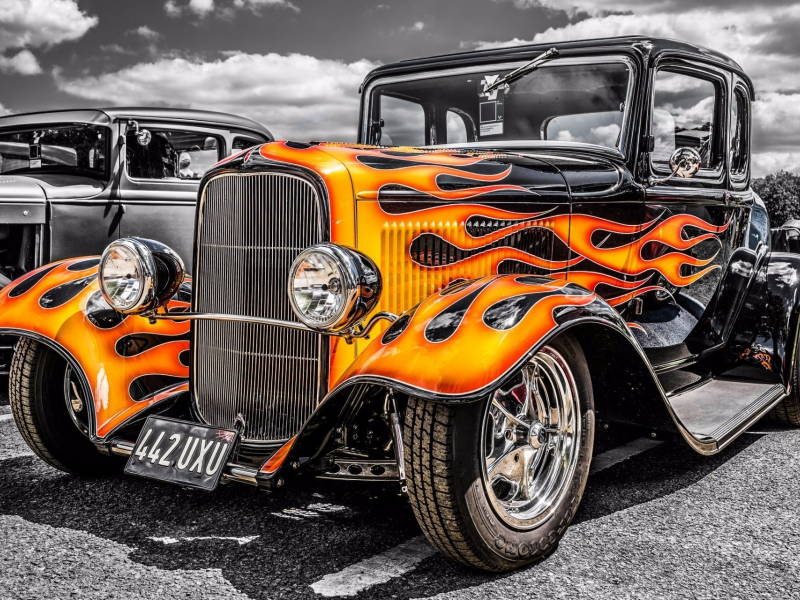 автомобиль, форд, ford, hot, rod, fire, yellow, red, black, coupe, classic, car, old, front, retro, hdr, sun, summer, see, nice, road, uxu, wide