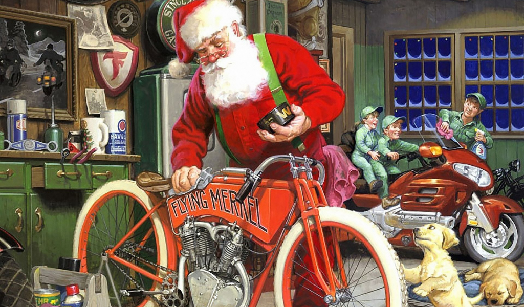 дед мороз, собака, мотоцикл новый год, комната, ночь, grandfather, frost, bike, retro, new year, snow, xmas, santa claus, dog, motorcycle, new year, room, night, art, wide