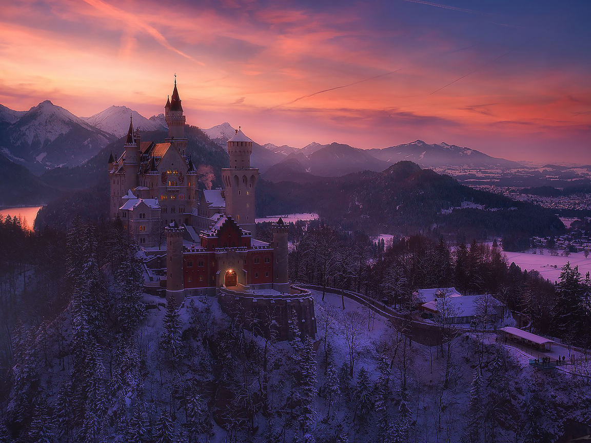 замок, нойшванштайн, германия, ночь, neuschwanstein, castle, germany, night, winter, romantic, des eisknigin schloss, forest, trees, sky, see, dark, nice, wide