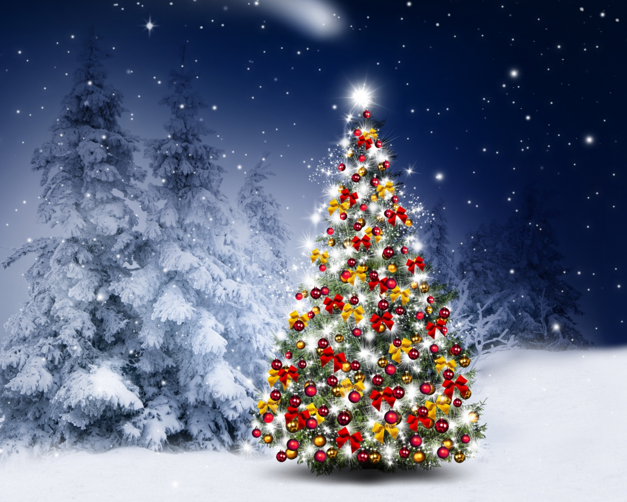 шары, christmas tree, happy, украшения, елки, снег, decoration, night