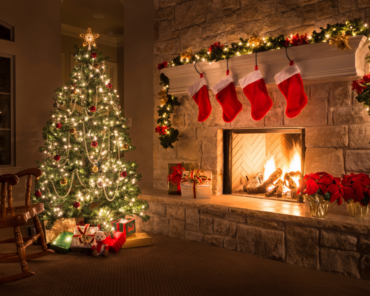 рождество, новый год, ель, праздник, зима, огни, гирлянда, дом, комната, камин, украшения