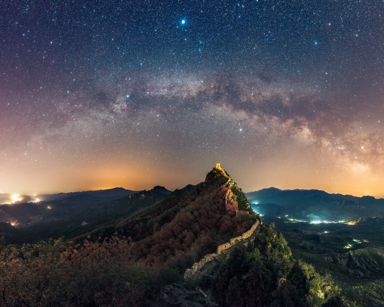 ночь, звёзды, замок, castle, night, summer, romantic, stars, sky, forest, mountains, see, dark, nice, wide