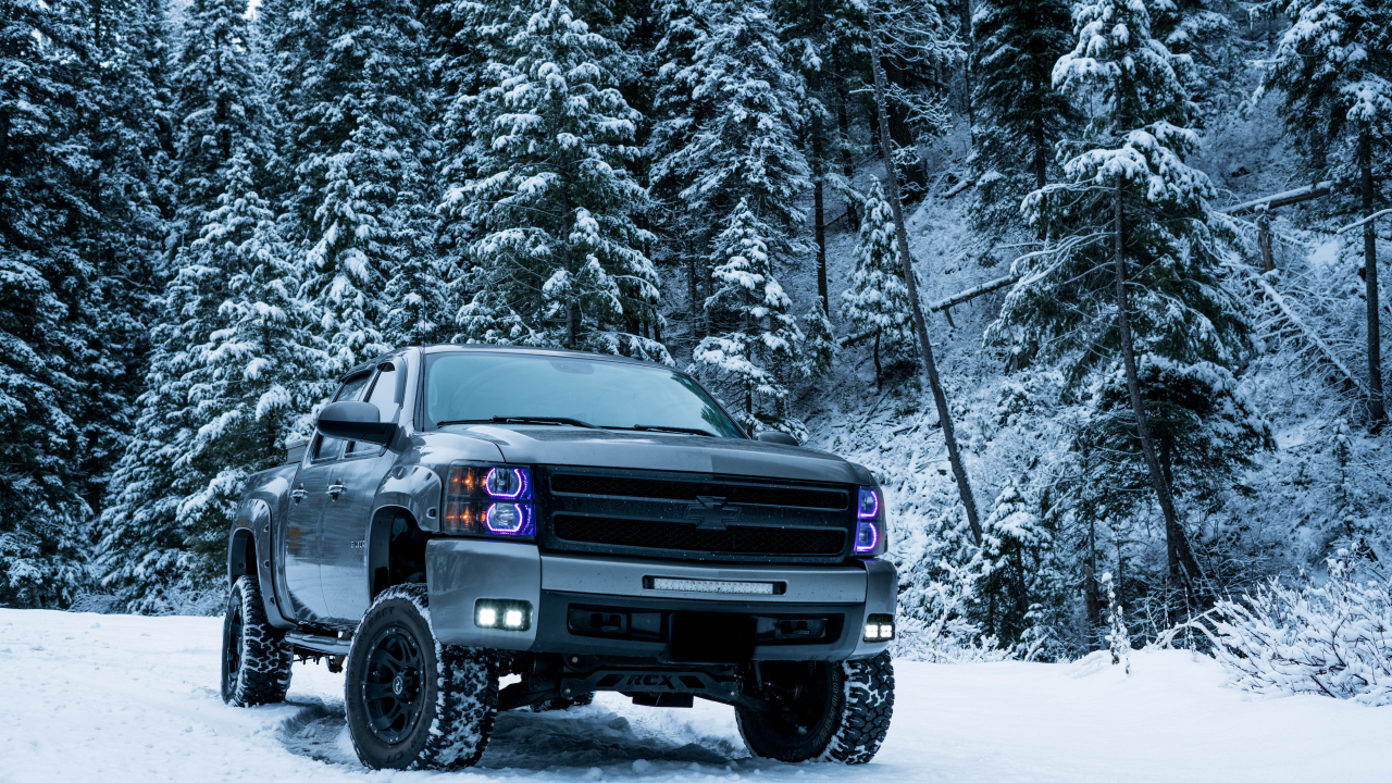 автомобиль, шевроле, сильверадо, лес, зима, chevrolet, silverado, pickup, front, blue, forest, road, winter, musclecar, power, car, sun, sky, summer, see, indusrial, dark, nice, wide