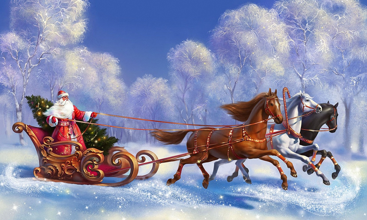 дед мороз, тройка, сани, новый год, grandfather, frost, sleigh, new year, snow, forest, winter, trees, field, see, sun, light, nice, art, image, wide