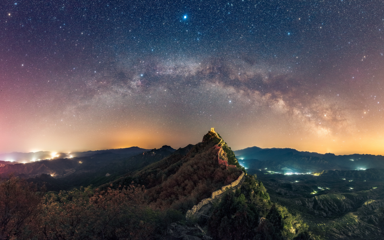 ночь, звёзды, замок, castle, night, summer, romantic, stars, sky, forest, mountains, see, dark, nice, wide