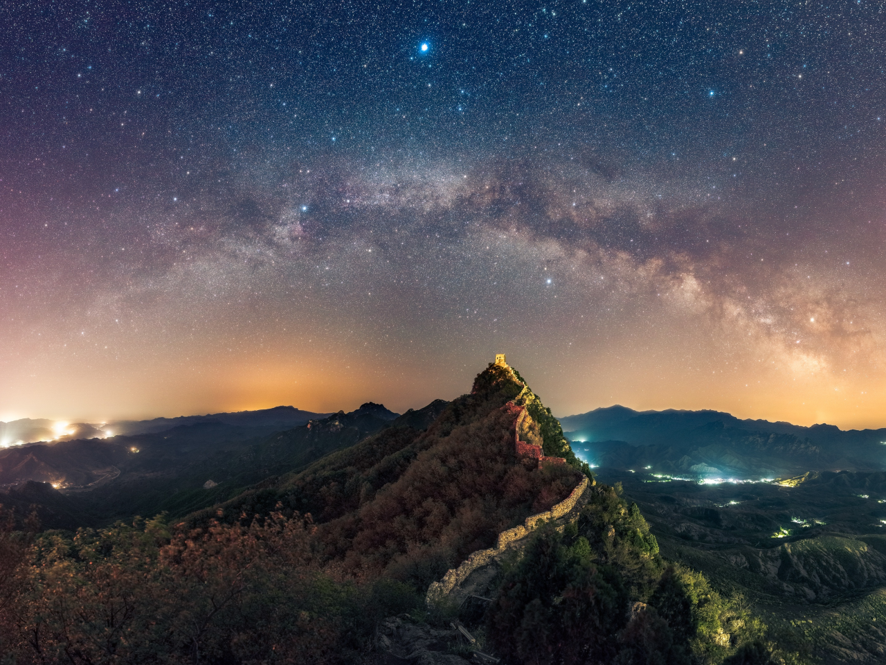 ночь, звёзды, замок, castle, night, summer, romantic, stars, sky, forest, mountains, see, dark, nice, wide