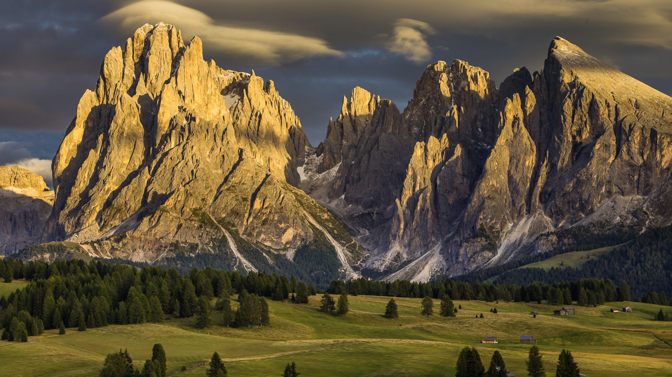 альпы, горы, италия, дома, alps, mountains, italy, at home, house, trees, spruce, meadow, grass, sky, nice, see, wide