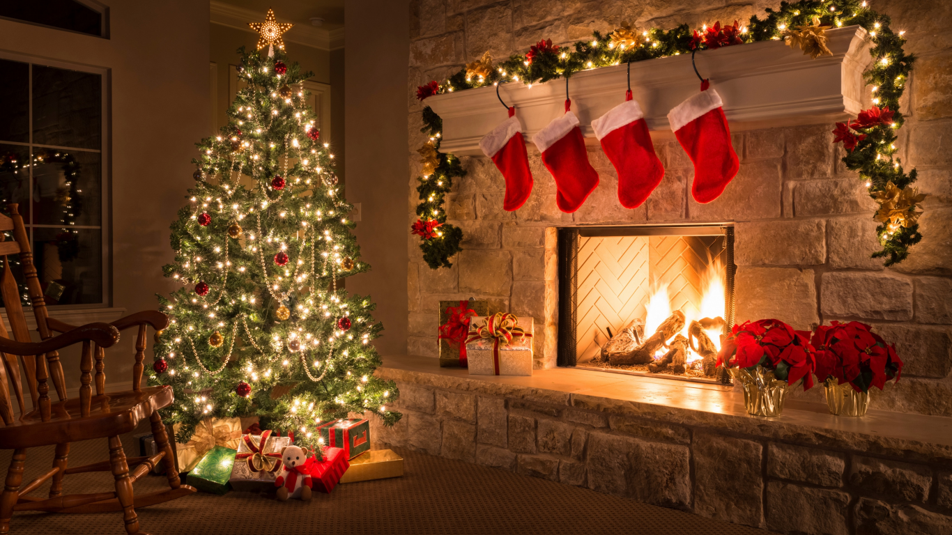 рождество, новый год, ель, праздник, зима, огни, гирлянда, дом, комната, камин, украшения