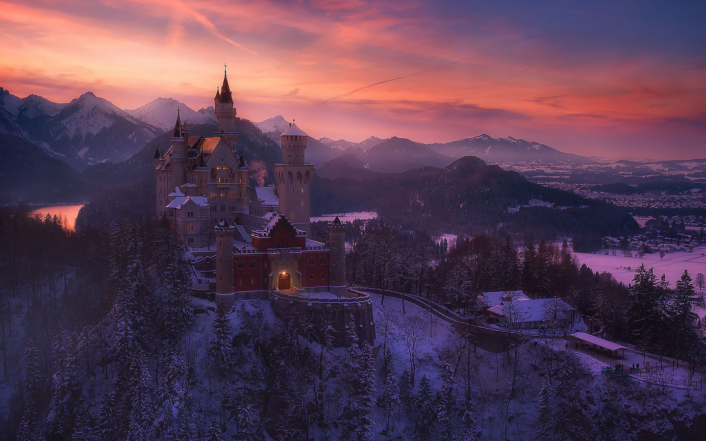 замок, нойшванштайн, германия, ночь, neuschwanstein, castle, germany, night, winter, romantic, des eisknigin schloss, forest, trees, sky, see, dark, nice, wide