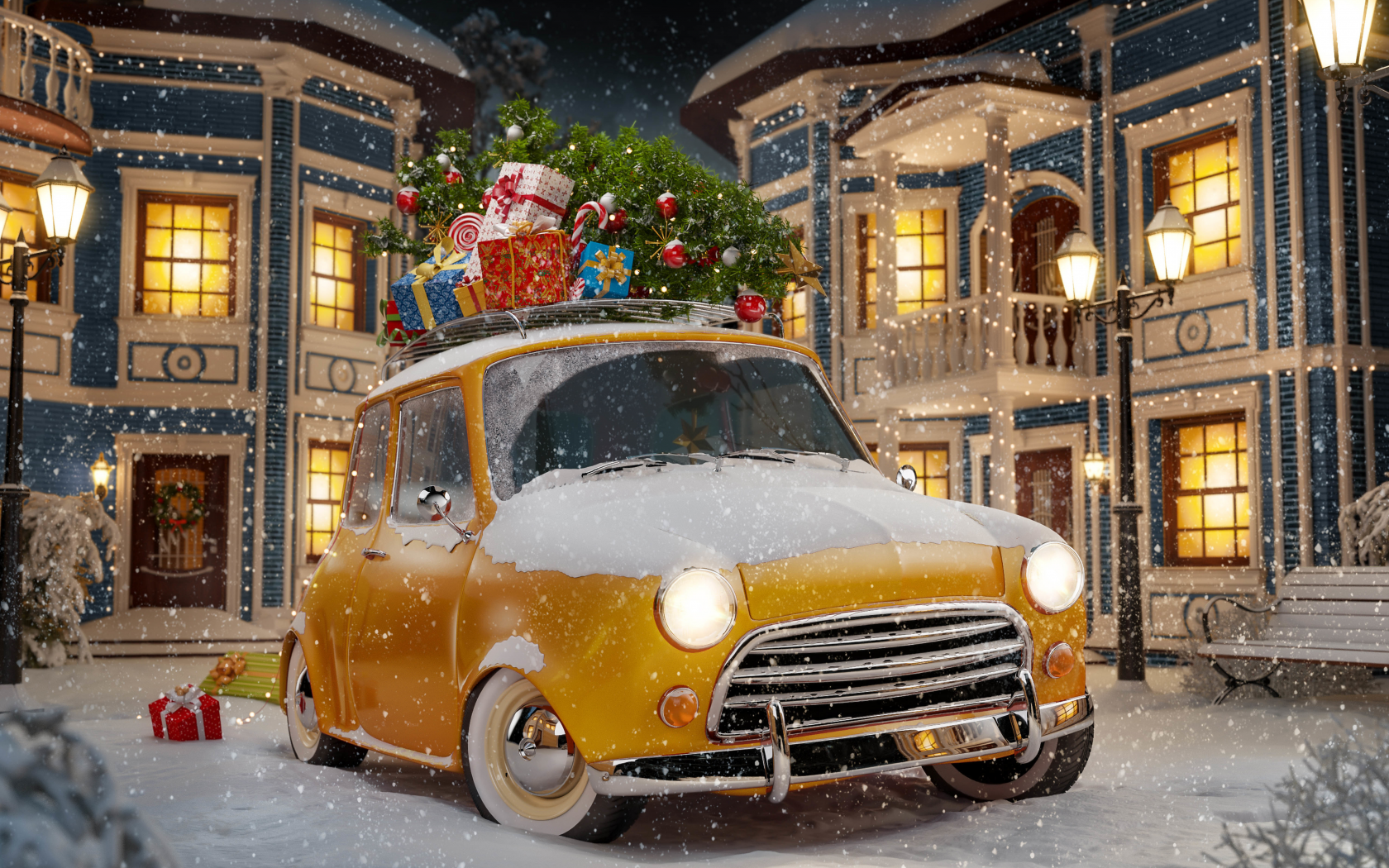 автомобиль, ёлка, новый год, ночь, город, car, tree, new year, night, city, xmas, see, nice, art, wide