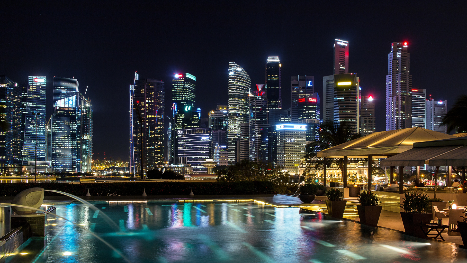 сингапур, световое шоу, ночь, небоскребы, singapore, lightshow, night, skyscrapers, night, light, dark, sun, sky, nice, wide