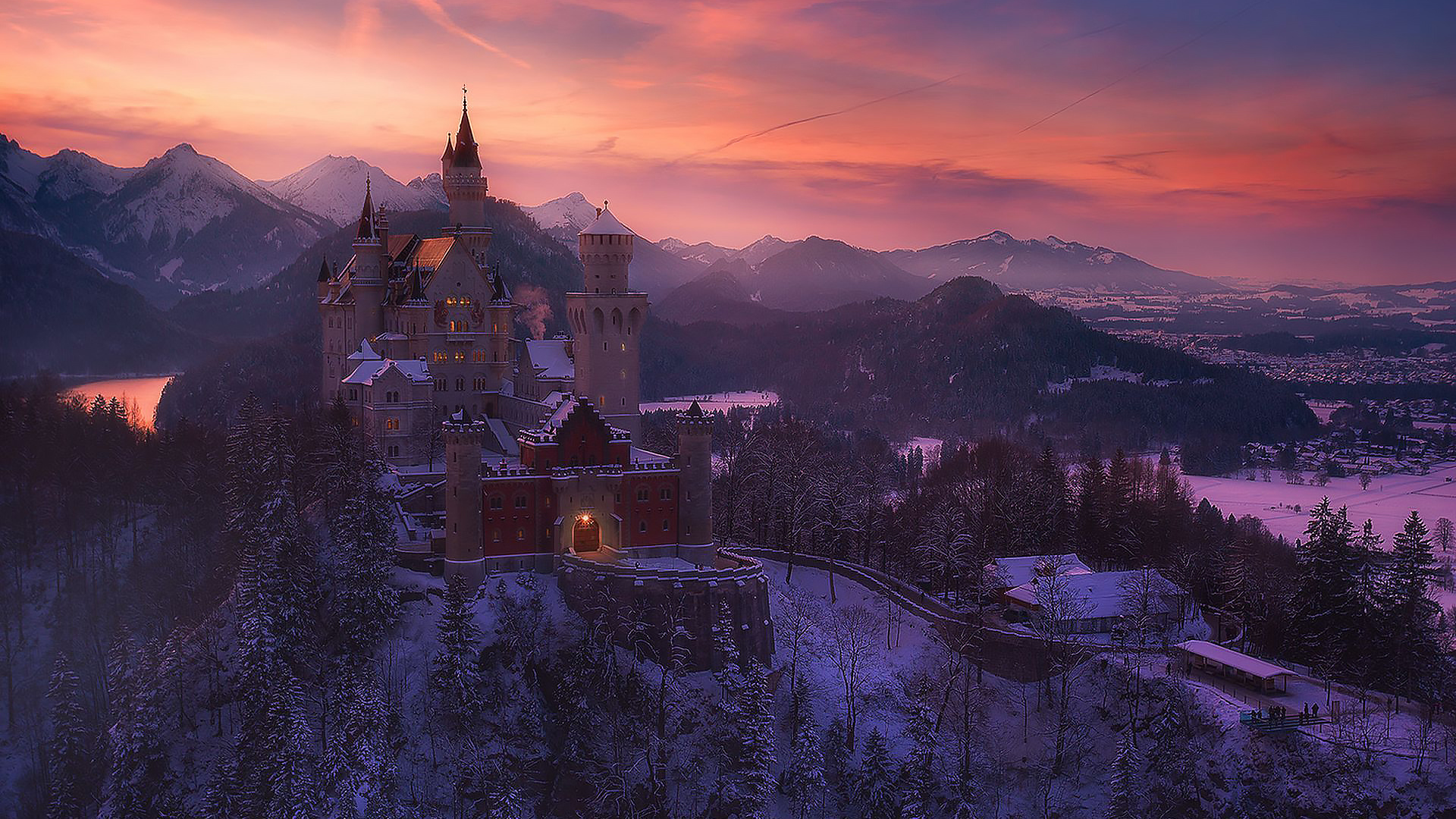 замок, нойшванштайн, германия, ночь, neuschwanstein, castle, germany, night, winter, romantic, des eisknigin schloss, forest, trees, sky, see, dark, nice, wide