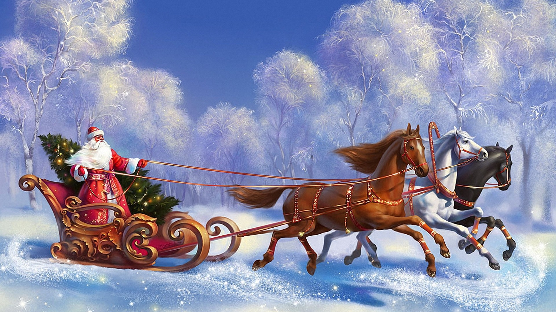 дед мороз, тройка, сани, новый год, grandfather, frost, sleigh, new year, snow, forest, winter, trees, field, see, sun, light, nice, art, image, wide