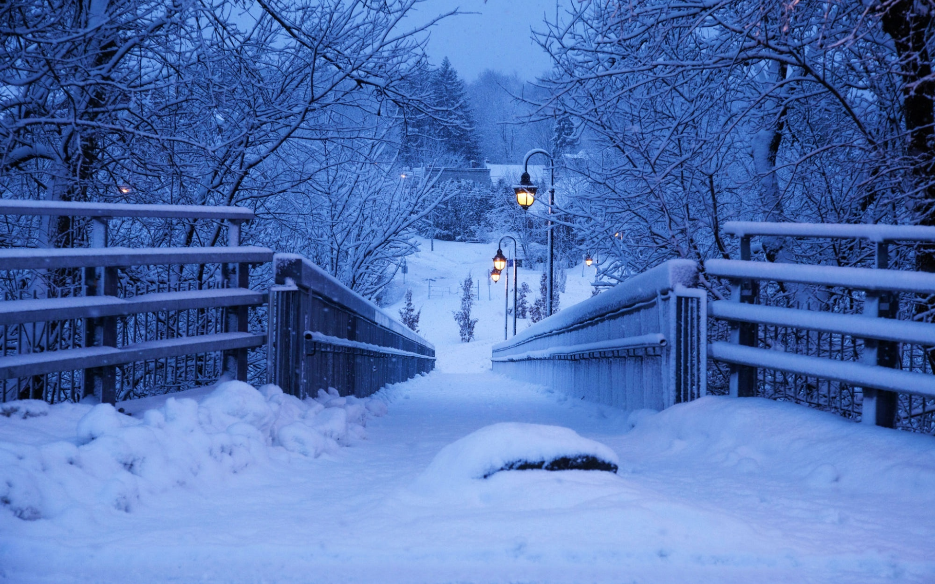 фонари, фото, зима, снег, мост, вечер