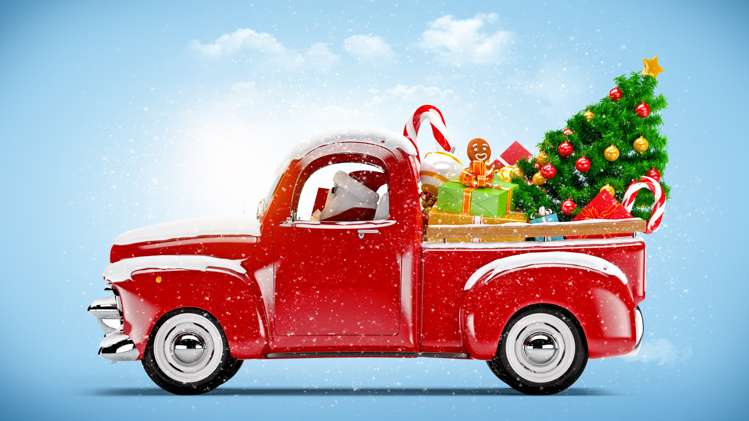 дед мороз, дед, мороз, подарки, автомобиль, новый год, рождество, car, grandfather frost, grandfather, frost, happy, holidays, xmas, christmas, gifts, drive, tree, spruce, see, toys, sun, winter, wide