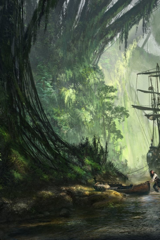 пиратский, корабль, пират, остров, лес, pirate, ship, sailing, boats, rivers, caribbean islands, forest, island, trees, dark, see, nice, wide