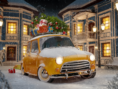 автомобиль, ёлка, новый год, ночь, город, car, tree, new year, night, city, xmas, see, nice, art, wide