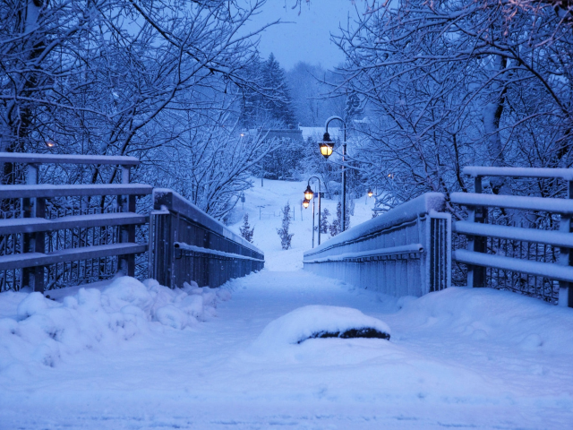 фонари, фото, зима, снег, мост, вечер