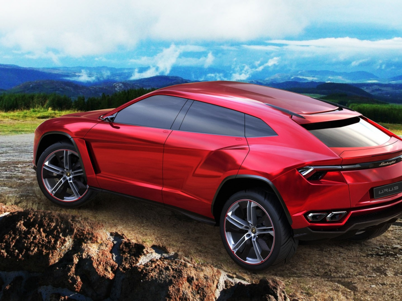 автомобиль, ламборджини, урус, скалы, горы, озеро, urus, lamborghini, back, red, suv, power, car, rocks, mountains, lake, sun, sky, summer, see, indusrial, day, nice, wide