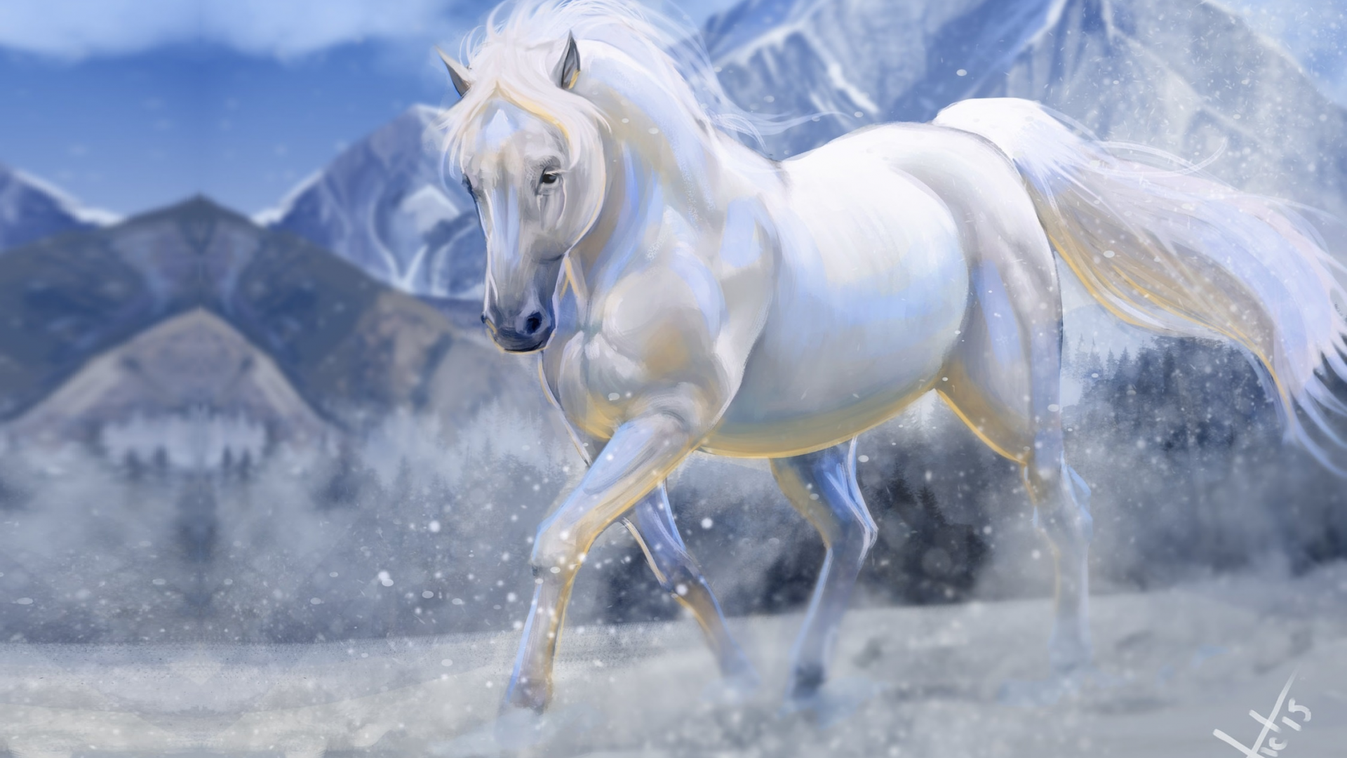 конь, зима, снег, арт, горы
