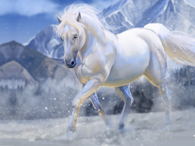 конь, зима, снег, арт, горы