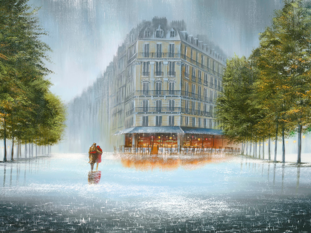 арт, jeff rowland, двое, бульвар, дом, лужи, город, ливень, деревья, кафе, влюбленная пара