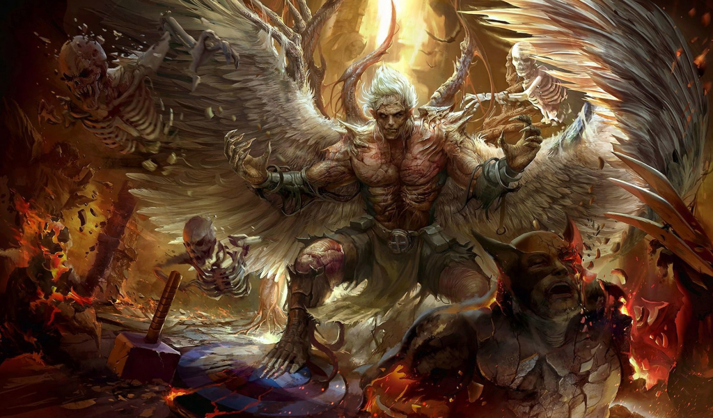 арт, ангел, undead angel, битва, крылья, монстры, скелет