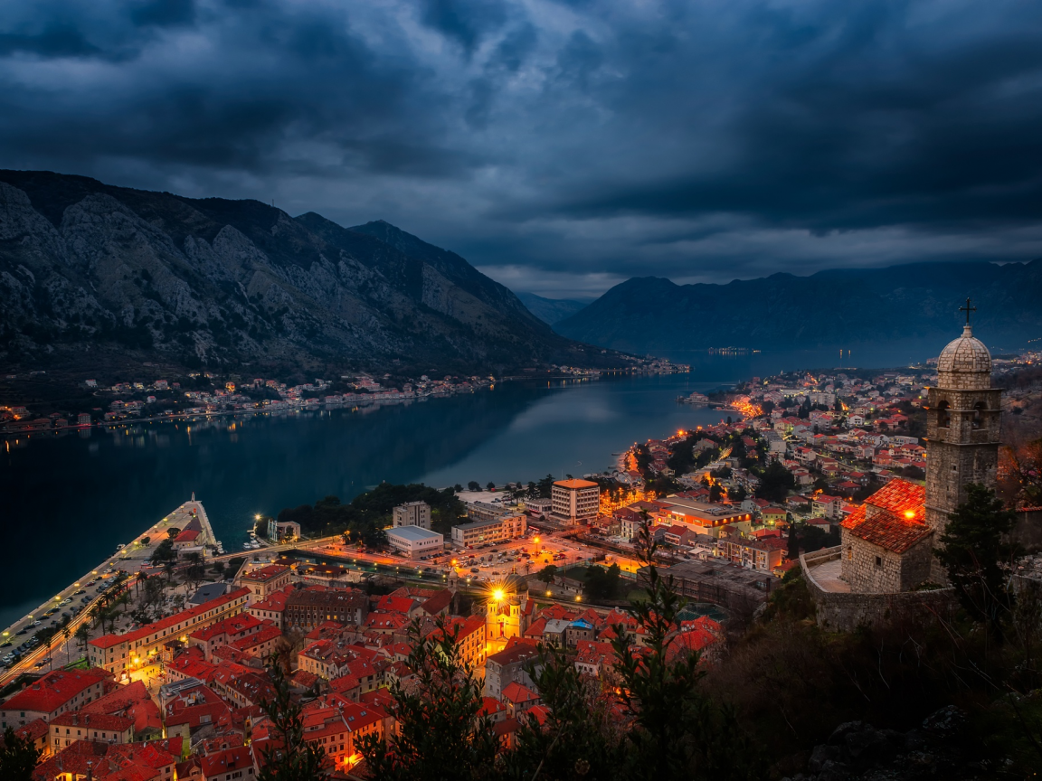 ночь, черногория, огни, залив, берег, фьорд, дома, горы, otor