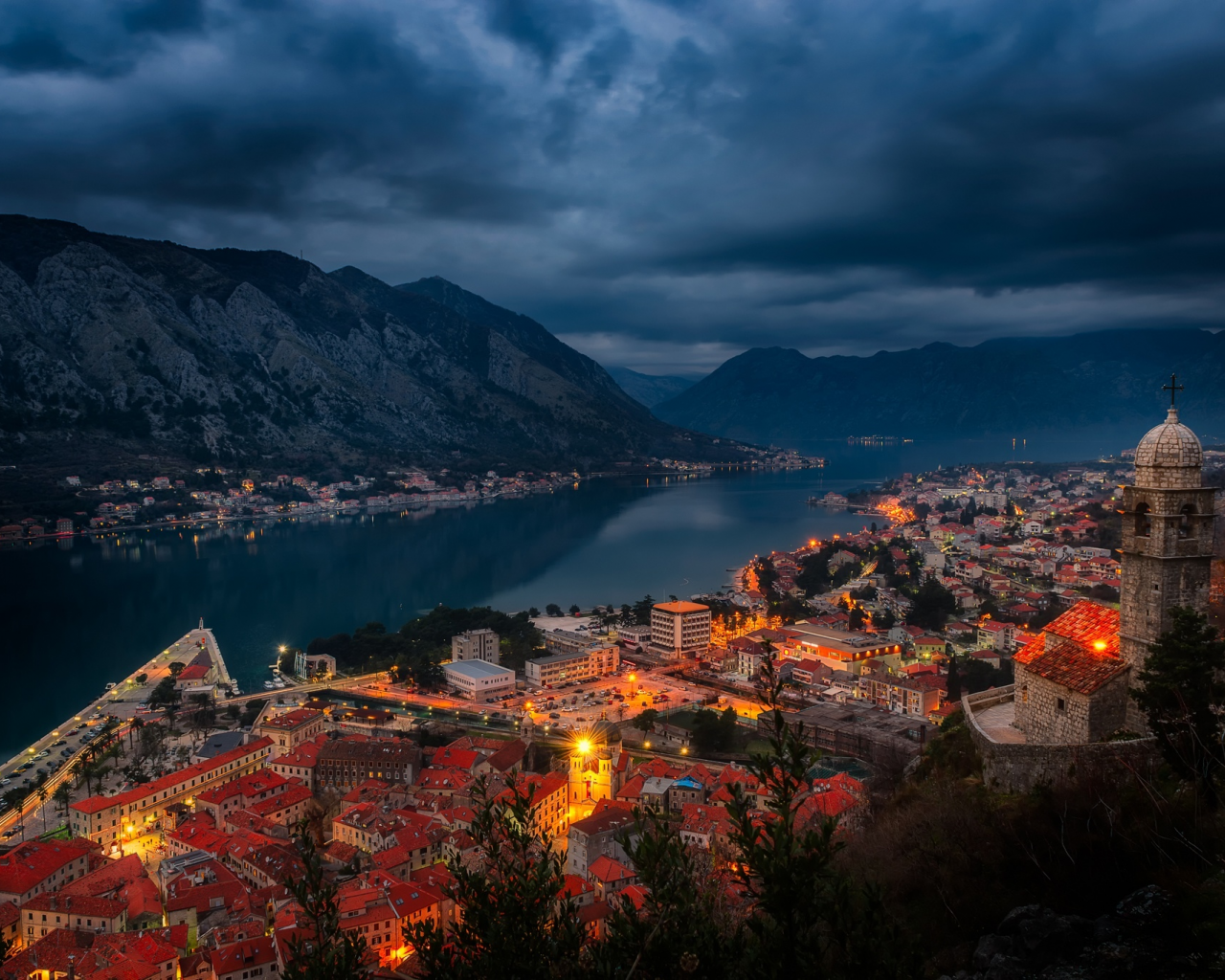 ночь, черногория, огни, залив, берег, фьорд, дома, горы, otor