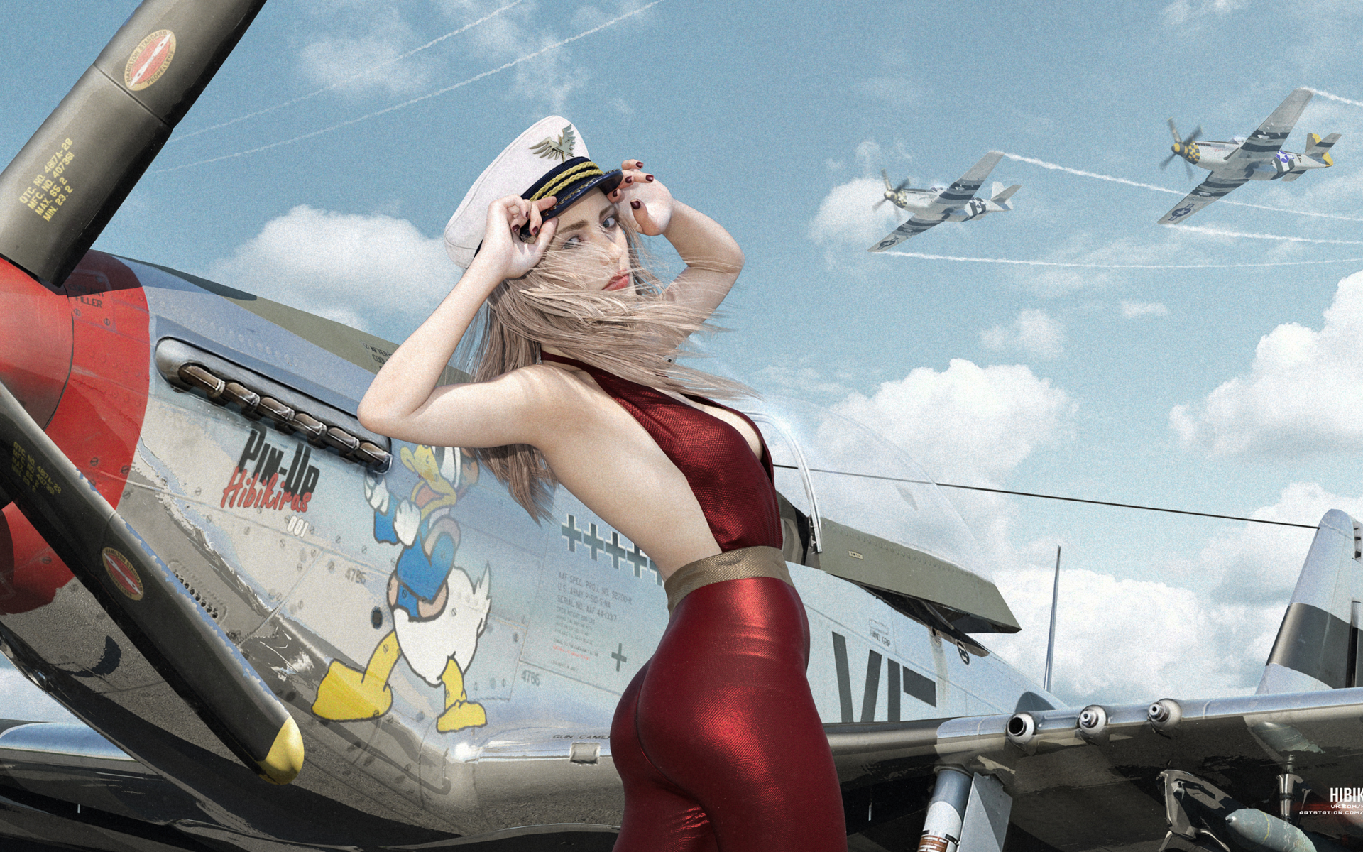 самолёт, девушка, girl, p51d, airplane, us, war, aeroplane, fighter, combat, field, sky, front, see, nice, pin, up, wide