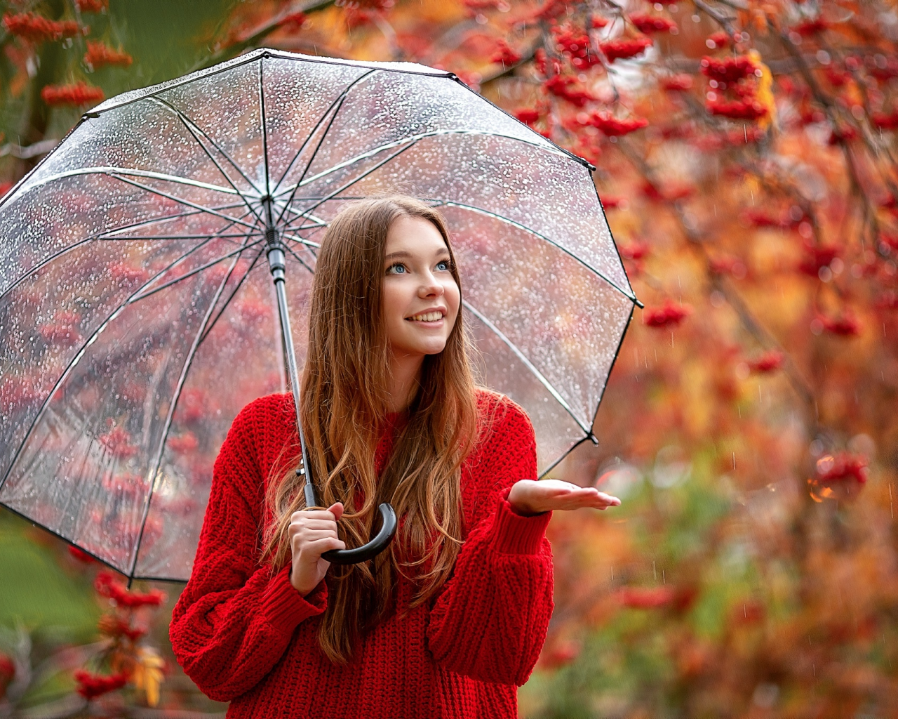 осень, капли, улыбка, дождь