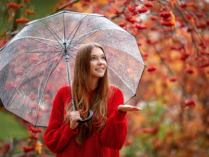 осень, капли, улыбка, дождь