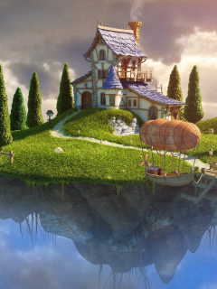 летающий остров, дом, flying island house, home, flyship, futuristic, fantasy, sun, sky, clouds, solar, nice, wide