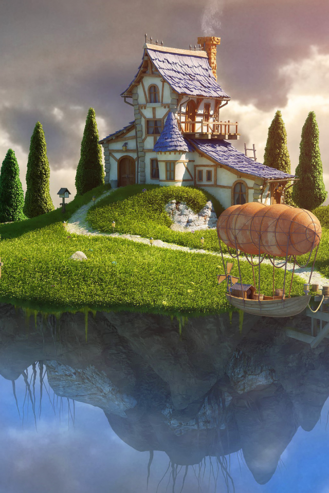 летающий остров, дом, flying island house, home, flyship, futuristic, fantasy, sun, sky, clouds, solar, nice, wide