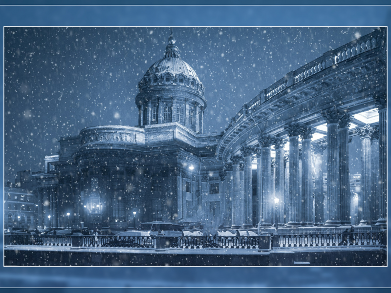 петербург, питер ночью, казанский собор, зима, снег, арт
