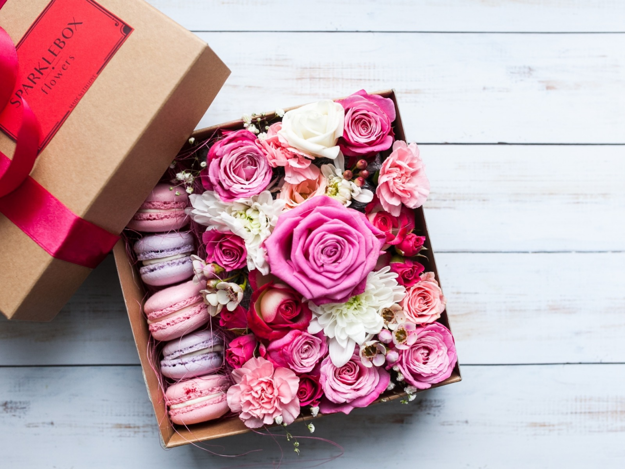подарок, коробка, цветы, розы