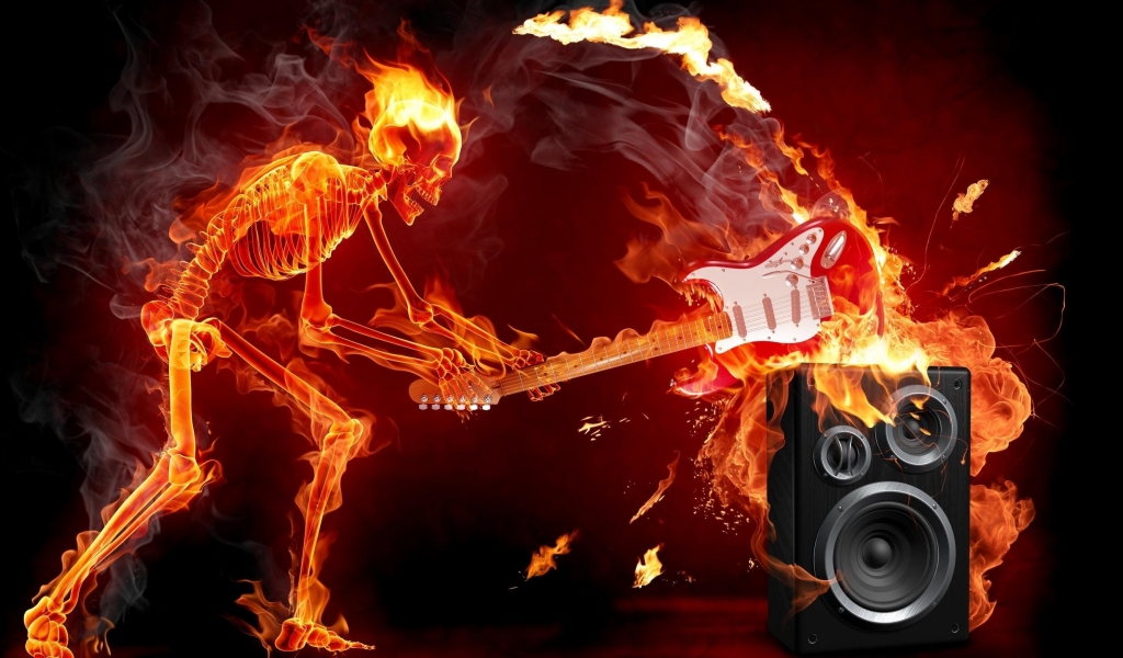 скелет, гитара, пламя