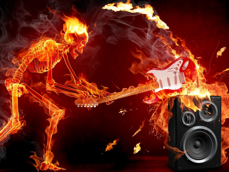 скелет, гитара, пламя
