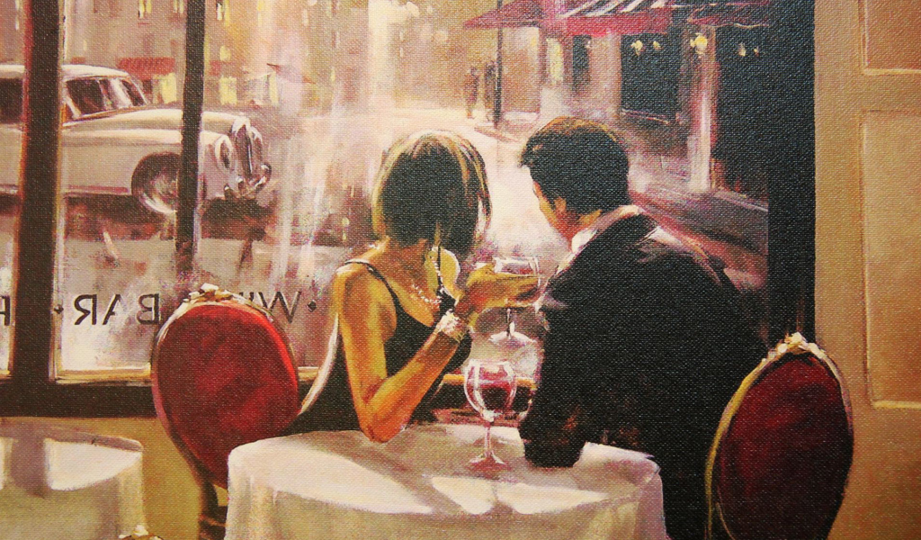 девушка, парень, кафе, вино, бокал, витрина, город, столик