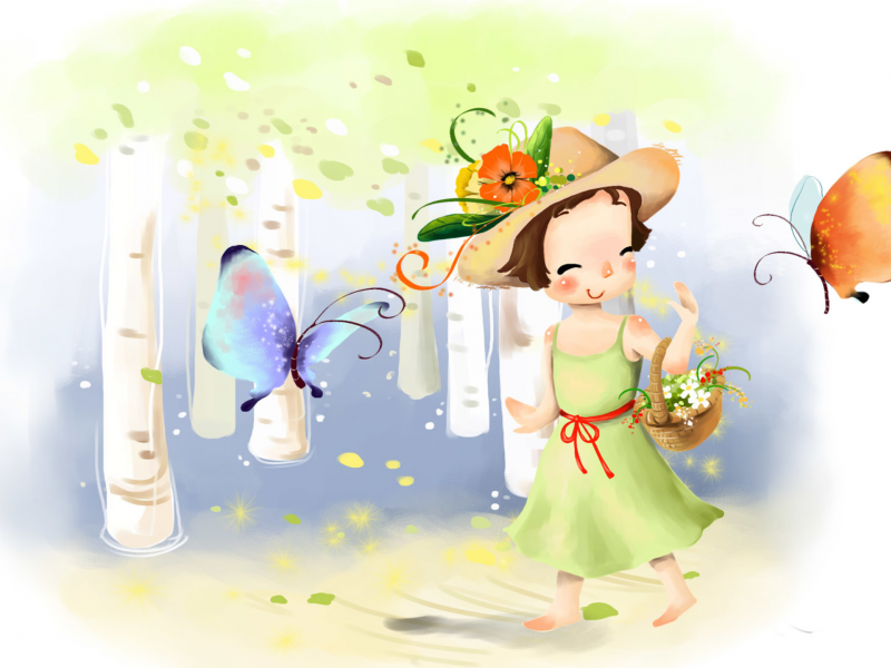 рисунок, девочка, бабочки, берёзы