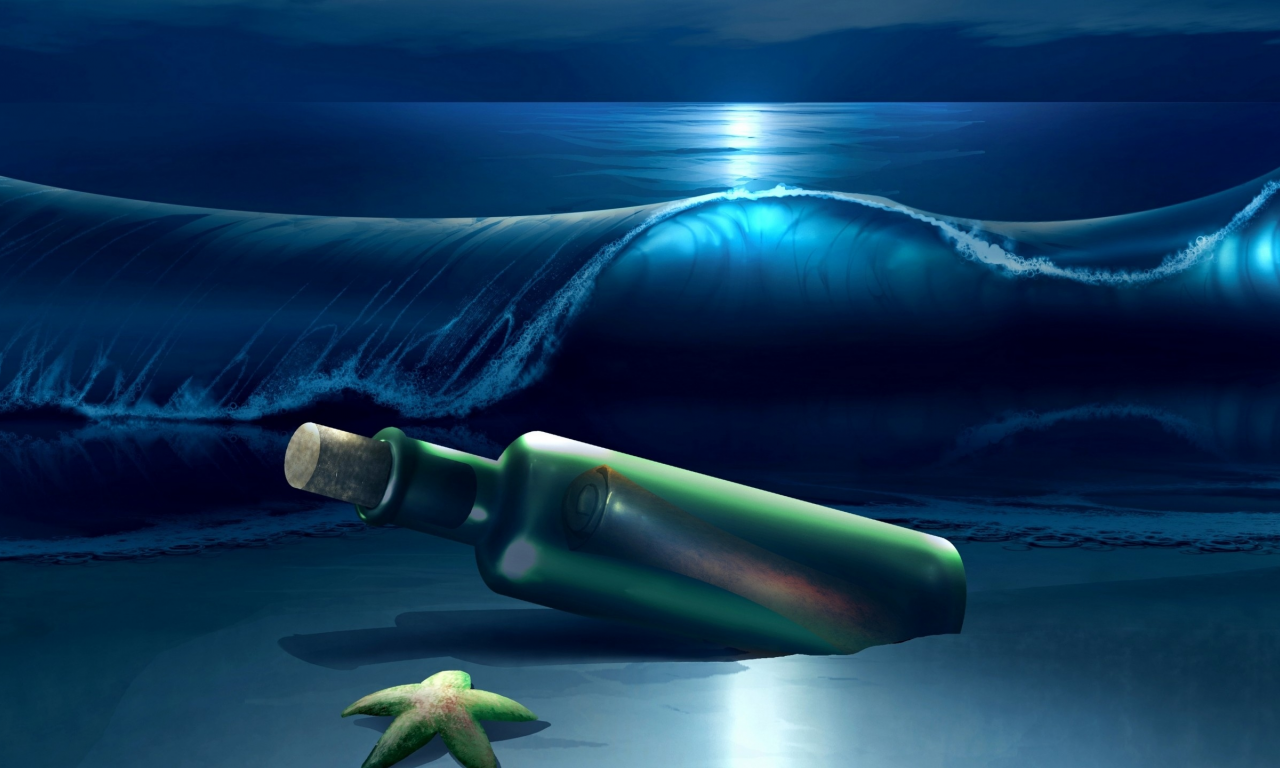 ночь, океан, бутылка, послание
