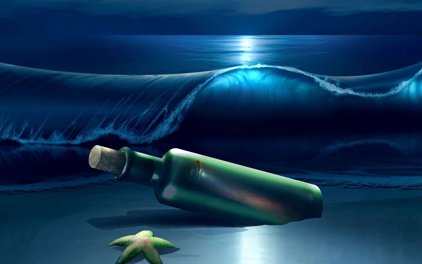 ночь, океан, бутылка, послание
