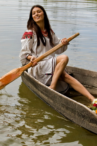 девушка, лодка, весло, цветы