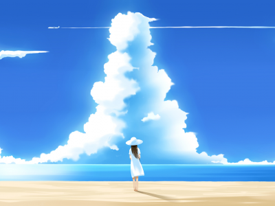 аниме, пляж, облако, небо, девочка, море
