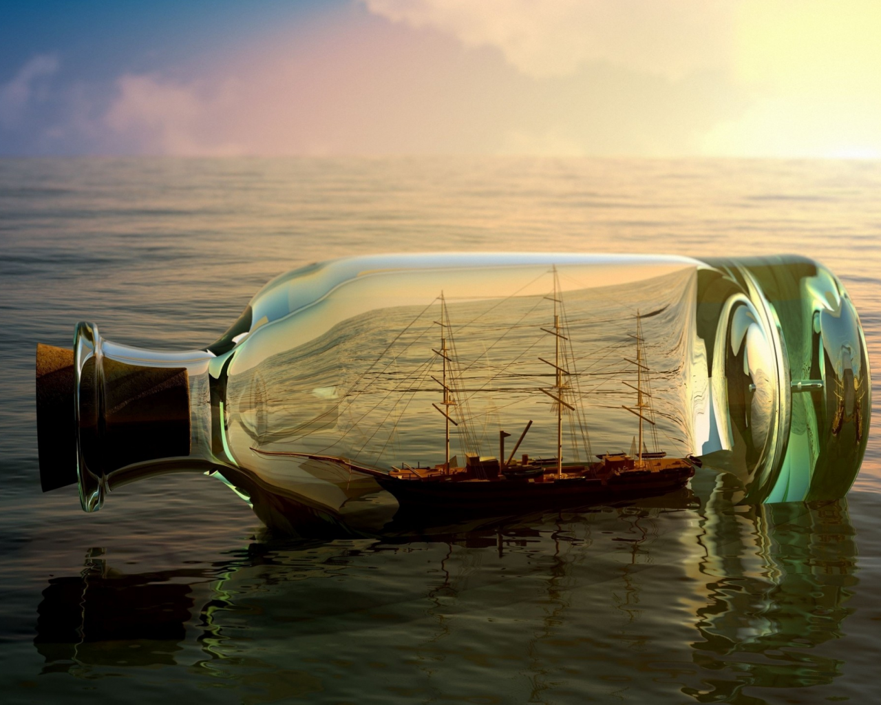 корабль, в бутылке, океан
