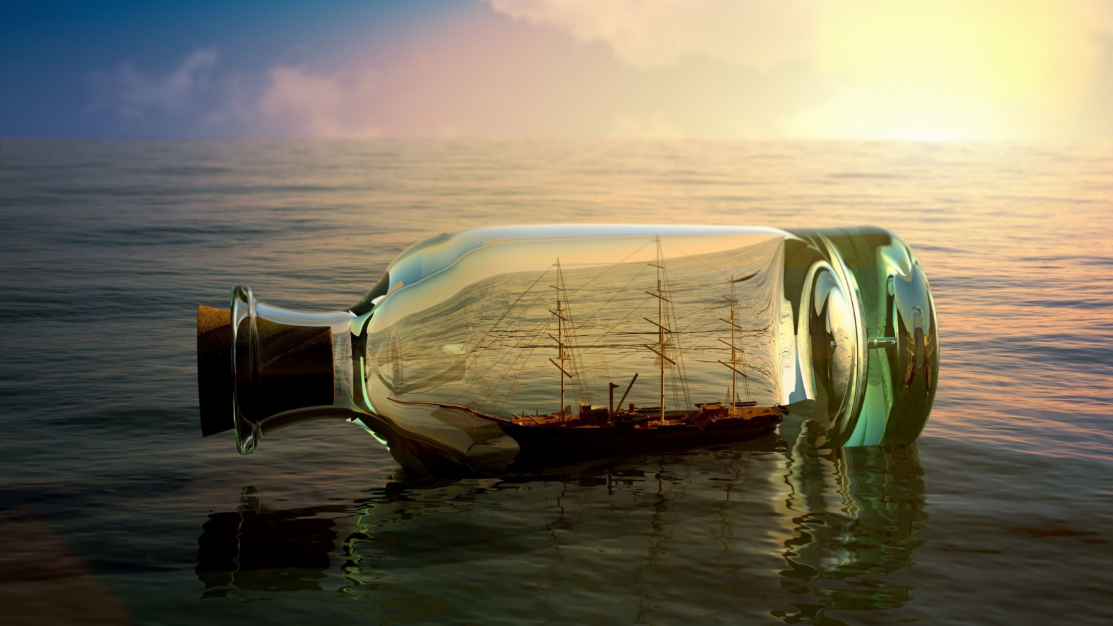 корабль, в бутылке, океан