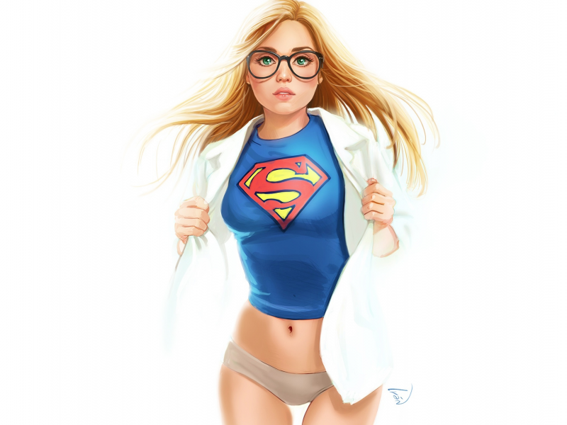 девушка, блондинка, красивая, очки, супермен