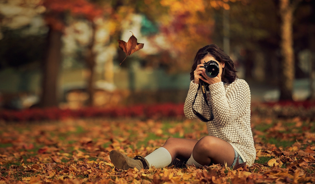 девушка, парк, фотограф, листья