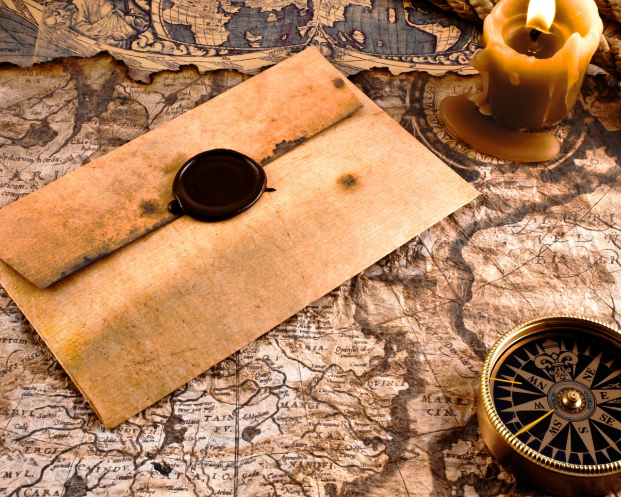 компас, карта, письмо, с сургучом