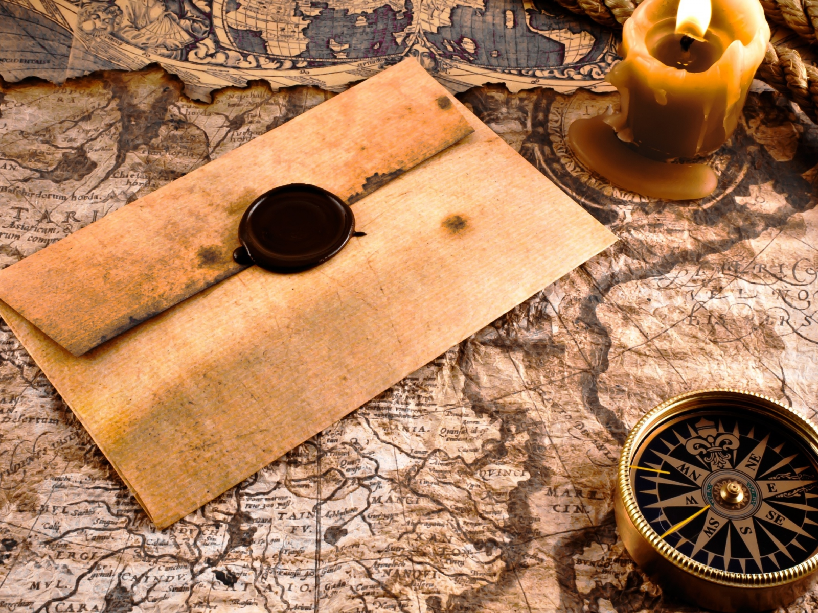 компас, карта, письмо, с сургучом
